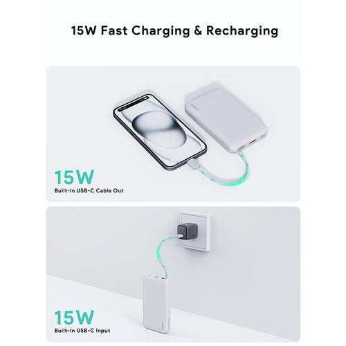 Aukey PB-Y53 Spark Sling 10K Lite Slim Power Bank with Build in C Cable (White)