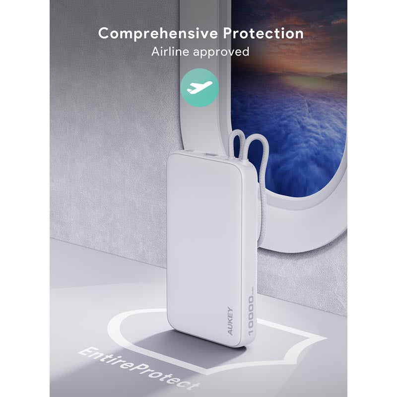 Aukey PB-Y53 Spark Sling 10K Lite Slim Power Bank with Build in C Cable (White)