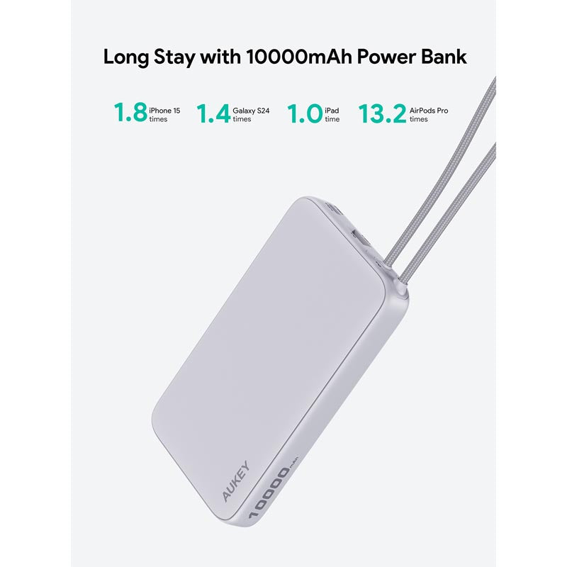 Aukey PB-Y53 Spark Sling 10K Lite Slim Power Bank with Build in C Cable (White)