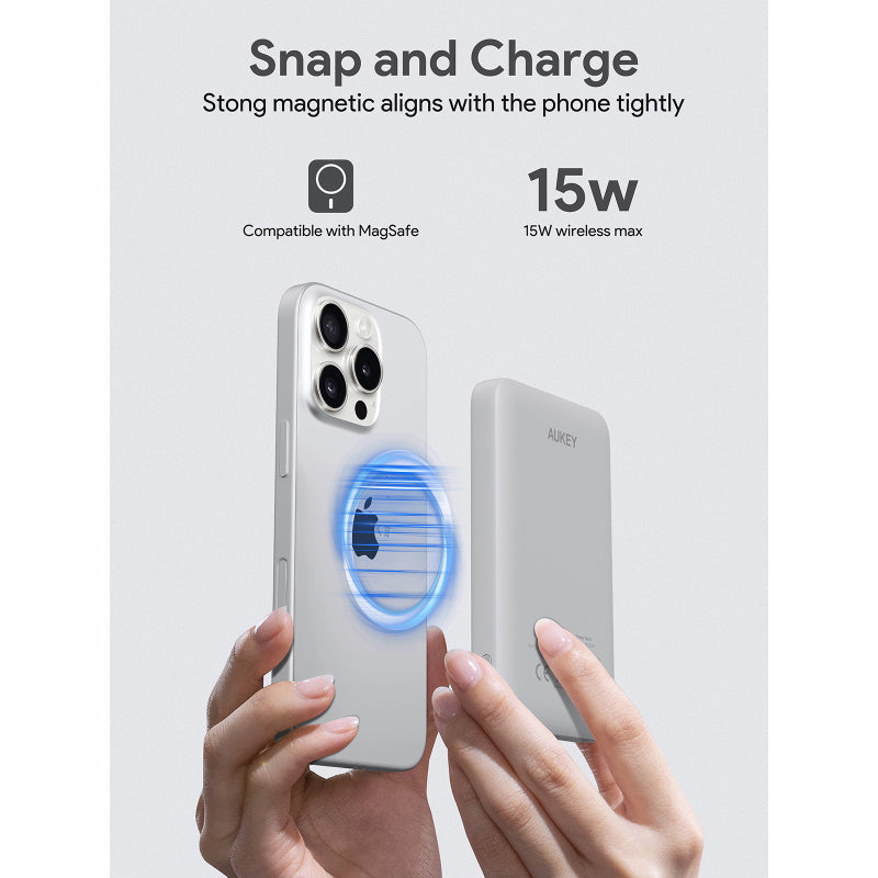 Aukey PB-MS03 MagFusion Slim 5000mAh Magnetic Wireless Charging Power Bank (Frost Mirror White)