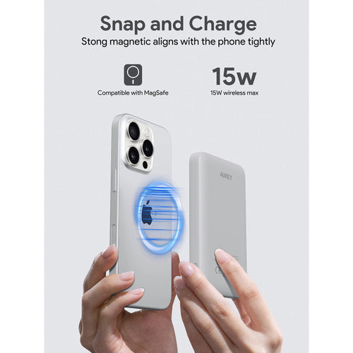 Aukey PB-MS03 MagFusion Slim 5000mAh Magnetic Wireless Charging Power Bank (Frost Mirror White)