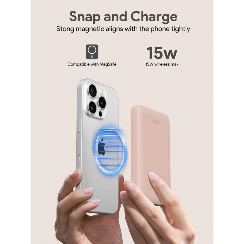 Aukey PB-MS03 MagFusion Slim 5000mAh Magnetic Wireless Charging Power Bank (Pink)