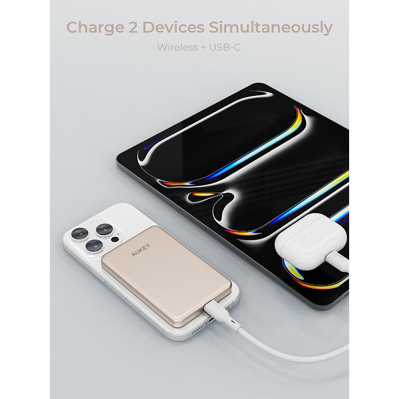 Aukey PB-MS07 MagFusion M Qi2 5000mAh Magnetic Wireless Power Bank - Desert Gold
