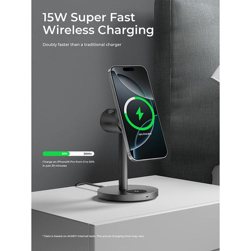 Aukey LC-MC311G MagFusion 3-in-1 G Qi2 Magnetic Fast Wireless Charging Station - Gray