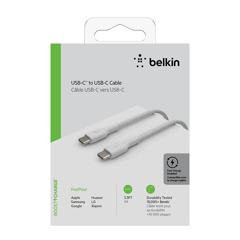 Belkin CAB004bt1MWH BoostCharge Braided USB-C to USB-C Cable (White, 1M)