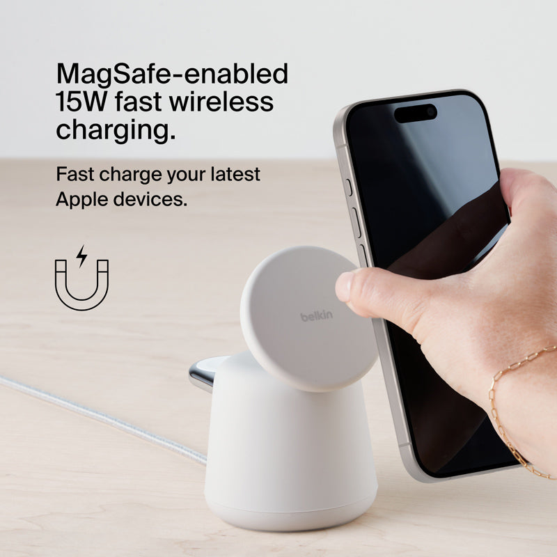 Belkin WIZ020btH37 BoostCharge Pro 2-in-1 Wireless Charging Dock with MagSafe 15W (Sand)
