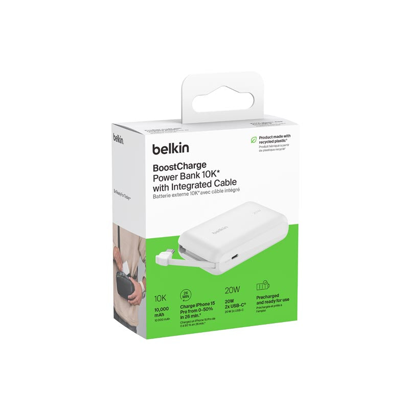 Belkin BPB021fqWH BoostCharge Power Bank 10K with Integrated Cable (White)