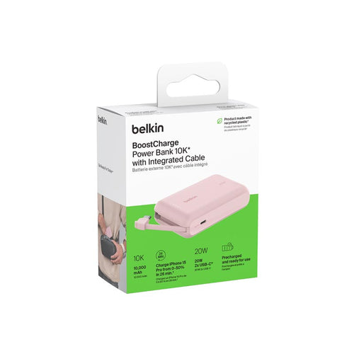 Belkin BPB021fqPK BoostCharge Power Bank 10K with Integrated Cable (Pink)