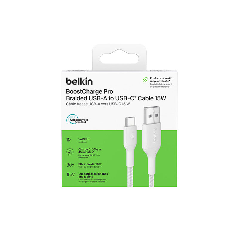 Belkin CAB022fq1MWH BoostCharge Pro USB-A to USB-C 15W 1M 2.0 Braided Cable (White)
