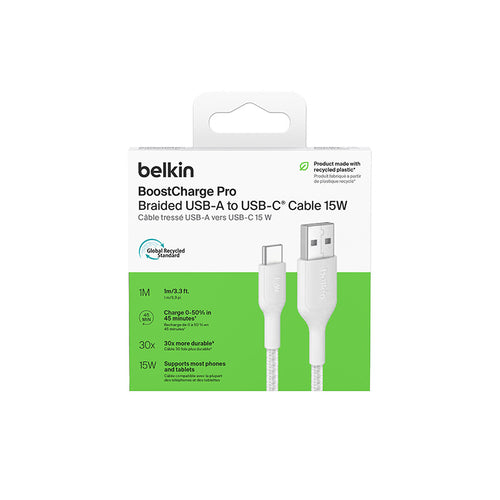 Belkin CAB022fq1MWH BoostCharge Pro USB-A to USB-C 15W 1M 2.0 Braided Cable (White)