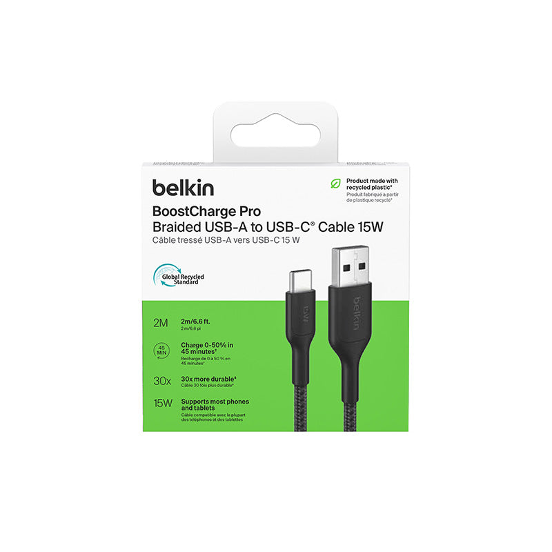 Belkin CAB022fq2MBK BoostCharge Pro USB-A to USB-C 15W 2M 2.0 Braided Cable (Black)