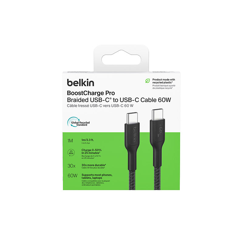 Belkin CAB024fq1MBK BoostCharge Pro USB-C to USB-C 60W 1M 2.0 Braided Cable (Black)