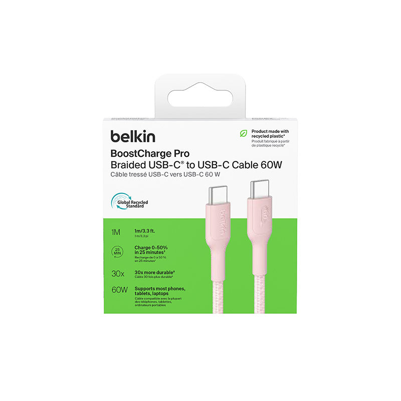 Belkin CAB024fq1MPK BoostCharge Pro USB-C to USB-C 60W 1M 2.0 Braided Cable (Pink)