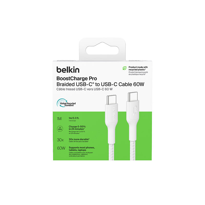 Belkin CAB024fq1MWH BoostCharge Pro USB-C to USB-C 60W 1M 2.0 Braided Cable (White)