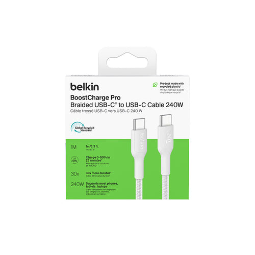 Belkin CAB025fq1MWH BoostCharge Pro USB-C to USB-C 240W 1M 2.0 Braided Cable (White)