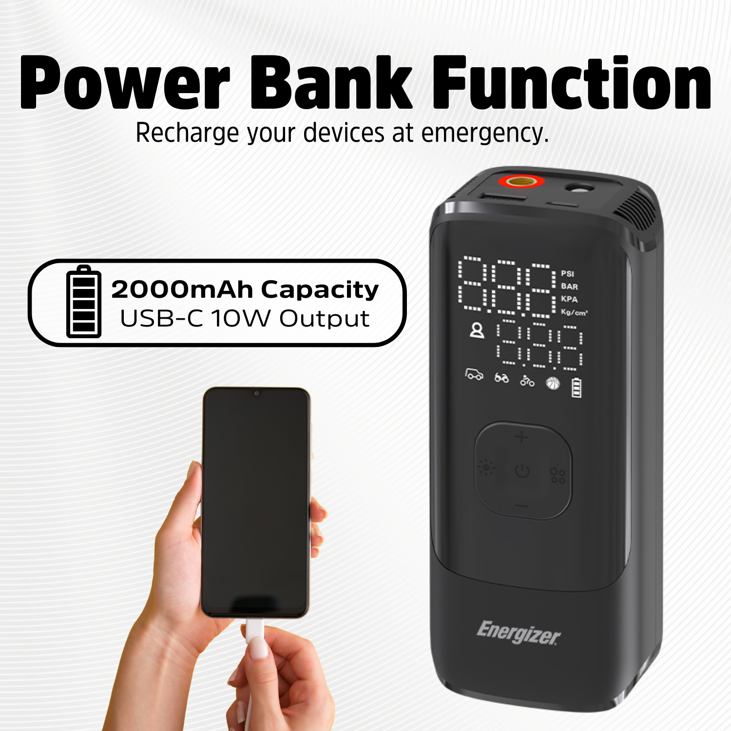 Energizer PAC4000 Portable Air Compressor with 2000mAh Power Bank