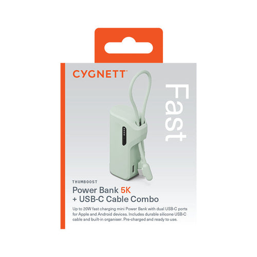 Cygnett Thumboost 5K Powerbank Built-in Cable (Mint)