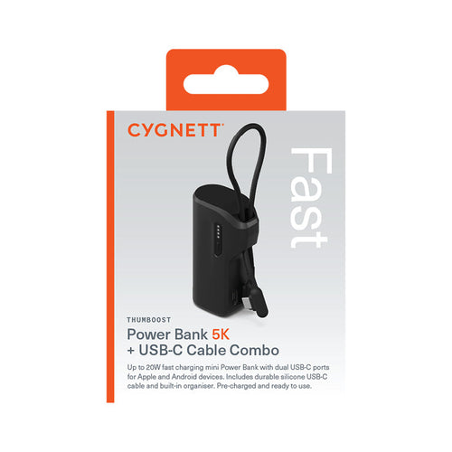 Cygnett Thumboost 5K Powerbank Built-in Cable (Black)