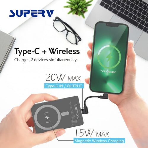 SuperV Power4 5000mAh Ultra-Slim Magnetic Wireless Power Bank (Black)