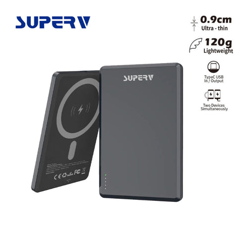SuperV Power4 5000mAh Ultra-Slim Magnetic Wireless Power Bank (Black)