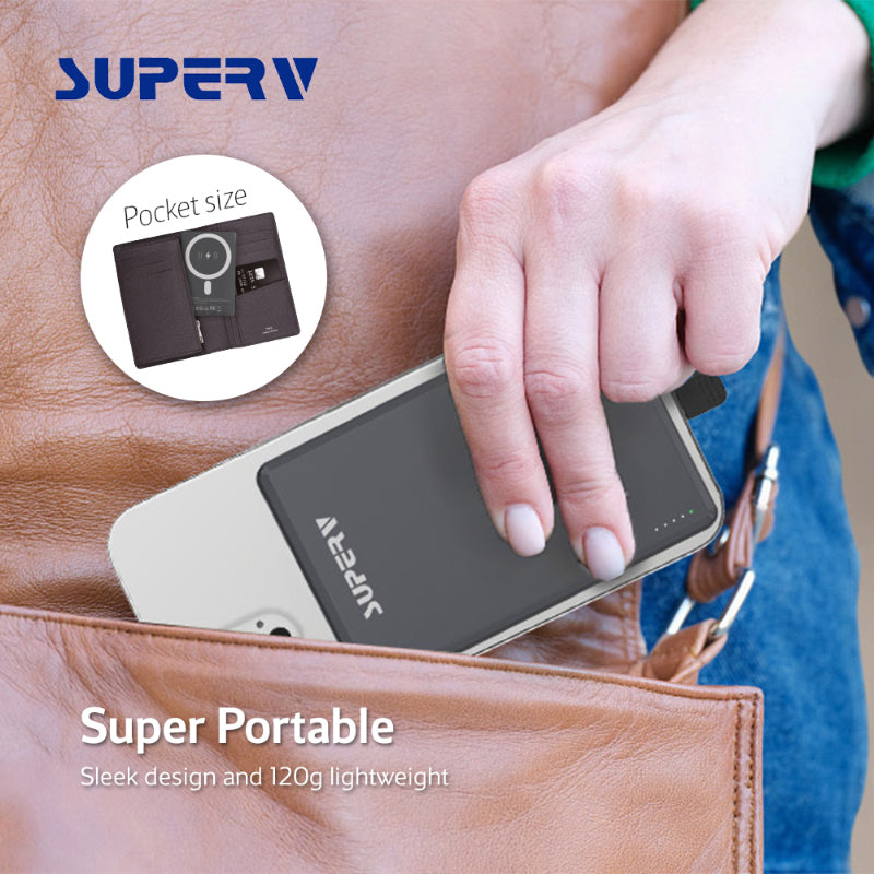 SuperV Power4 5000mAh Ultra-Slim Magnetic Wireless Power Bank (Black)