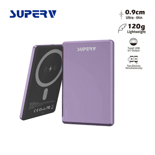 SuperV Power4 5000mAh Ultra-Slim Magnetic Wireless Power Bank (Purple)