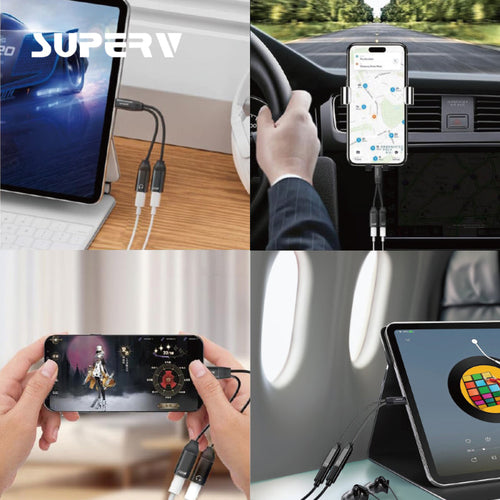 SuperV 2-in-1 Headphone and Charge Adaptor Dual USB-C Splitter (11cm)