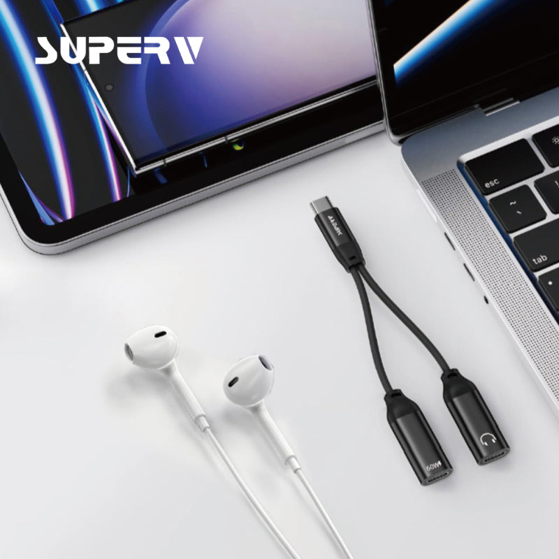 SuperV 2-in-1 Headphone and Charge Adaptor Dual USB-C Splitter (11cm)