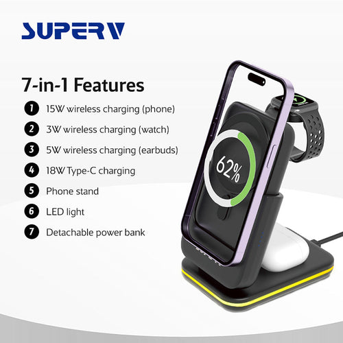SuperV Station10 7-in-1 5000mAh Foldable Wireless Charging Station Powerbank (White)