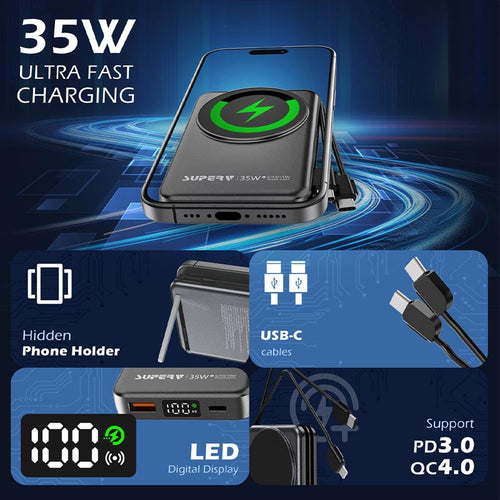 SuperV Power11-C 35W 10000mAh with Built-in C cable Power Bank (Black)