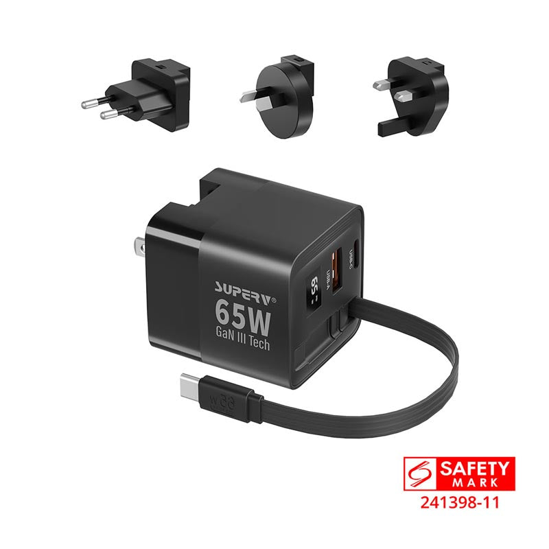 SuperV G45-BK 65W Universal Travel Adapter with Build in 80cm C Cable (Black)