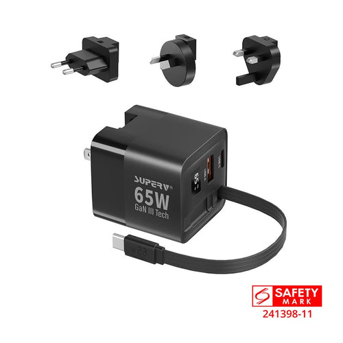 SuperV G45-BK 65W Universal Travel Adapter with Build in 80cm C Cable (Black)