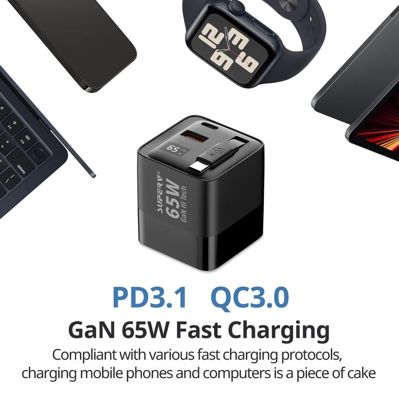 SuperV G45-BK 65W Universal Travel Adapter with Build in 80cm C Cable (Black)