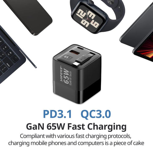 SuperV G45-BK 65W Universal Travel Adapter with Build in 80cm C Cable (Black)
