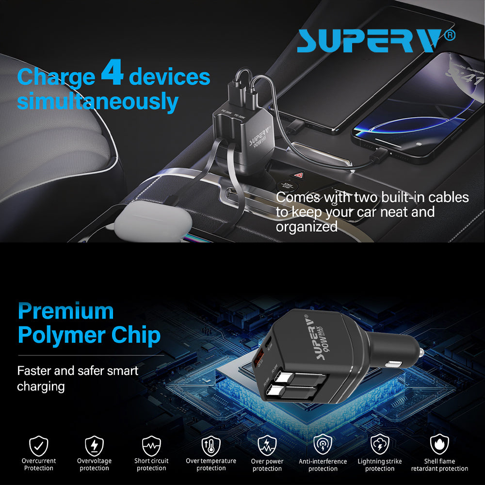 SuperV 4-in-1 Mini Multi-Function Car Charger – G04 (65cm)