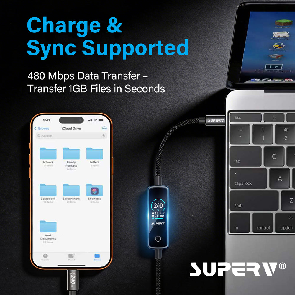 SuperV 240W TFT Digital Display Fast Charging Cable - RT240 (1.2m)