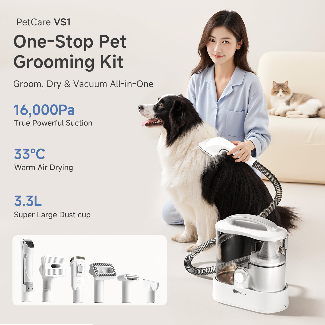 Simplus CWHL001WY00-S White Multifunctional Pet Grooming Vacuum Cleaner