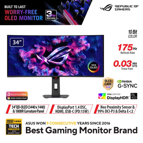 Asus ROG Strix XG34WCDG - 34 WQHD QD-OLED 175Hz Gaming Monitor