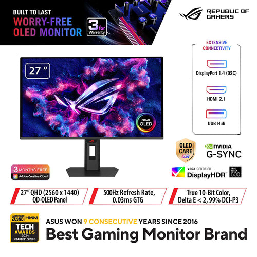 Asus ROG Strix XG27AQDPG - 27 QHD QD-OLED 500Hz Gaming Monitor
