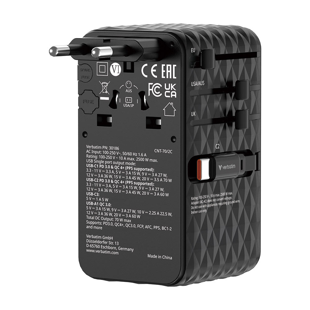Verbatim VM30186 Charge N Travel 70W Universal Travel Adapter with 2C Cable