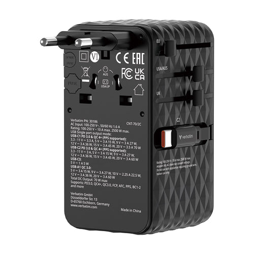 Verbatim VM30186 Charge N Travel 70W Universal Travel Adapter with 2C Cable