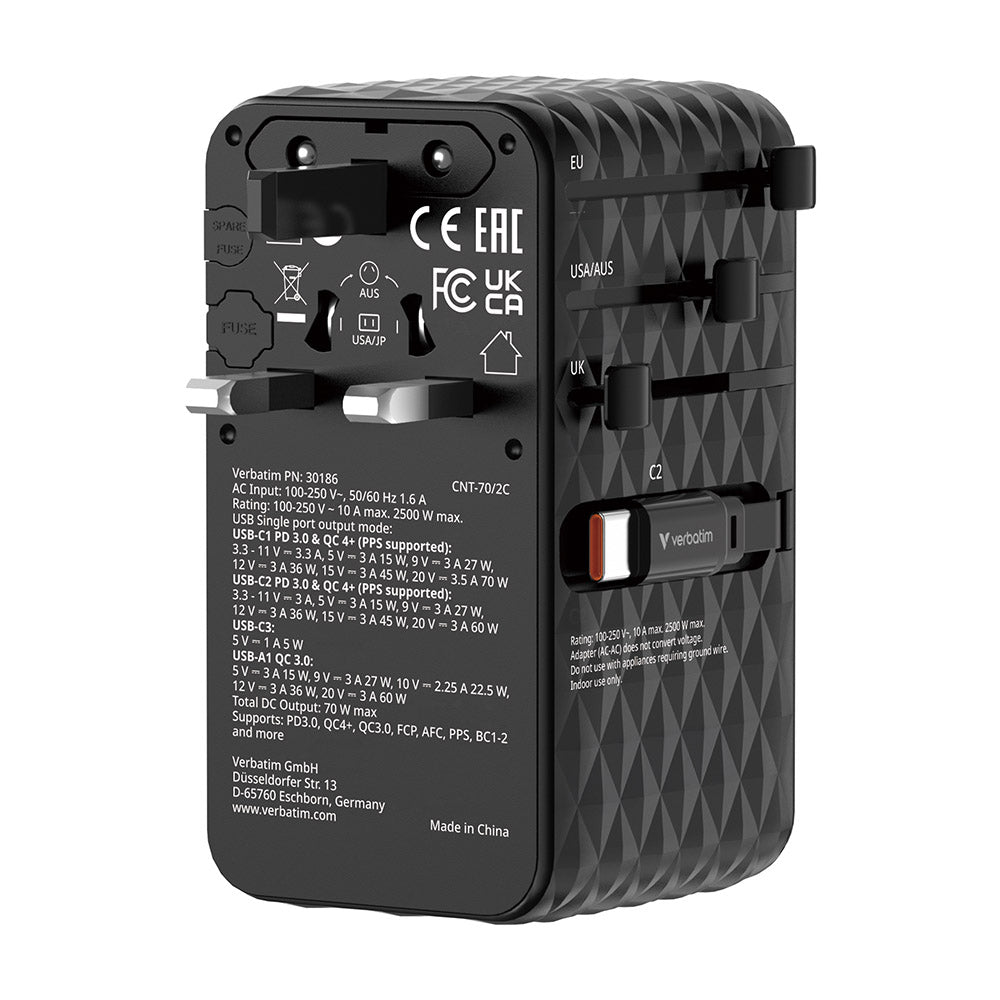 Verbatim VM30186 Charge N Travel 70W Universal Travel Adapter with 2C Cable