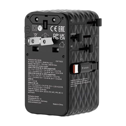 Verbatim VM30186 Charge N Travel 70W Universal Travel Adapter with 2C Cable