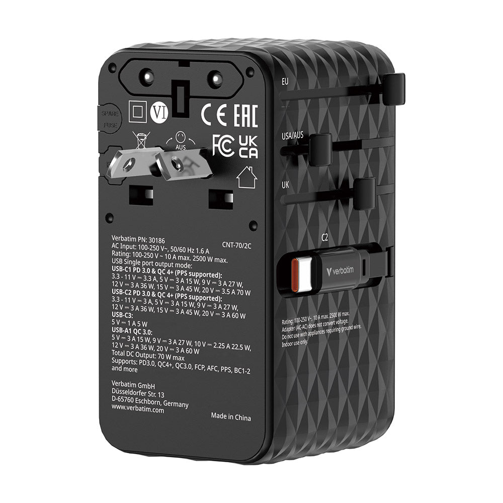 Verbatim VM30186 Charge N Travel 70W Universal Travel Adapter with 2C Cable