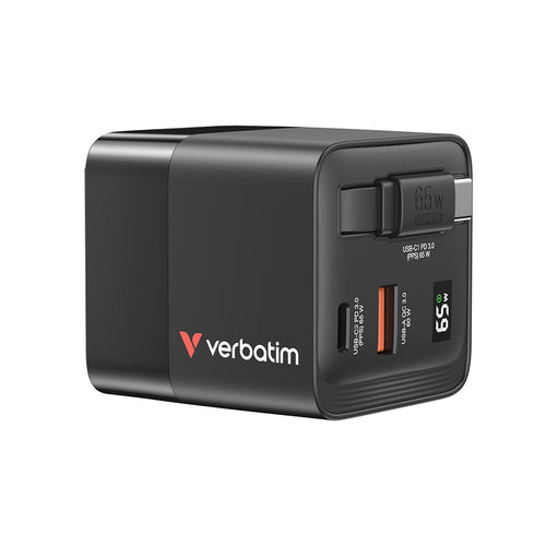 Verbatim VM32217 2-Port 65W GaN Charger with Retractable Cable & LED display