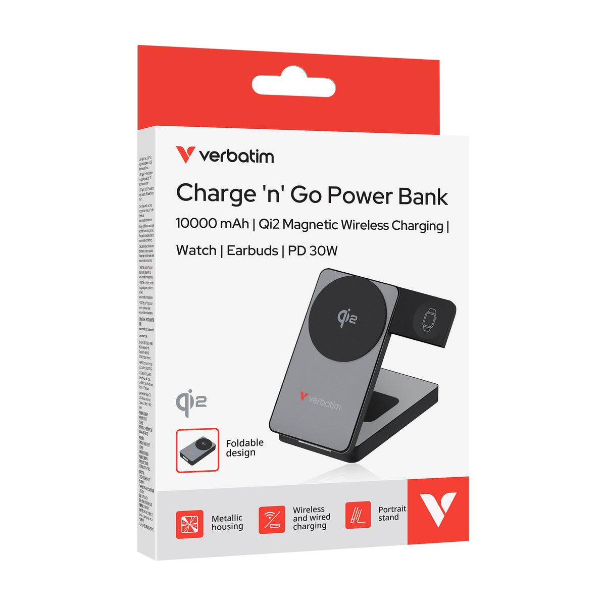 Verbatim VM32295 Charge n Go 10000mAh CCC 3-in-1 Qi2 Magnetic Wireless Foldable Power Bank - Grey
