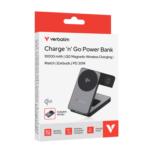 Verbatim VM32295 Charge n Go 10000mAh CCC 3-in-1 Qi2 Magnetic Wireless Foldable Power Bank - Grey