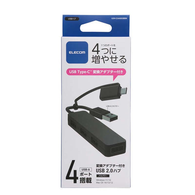 Elecom U2H-CA4003BBK USB C/A 4Ports 2.0 Hub (Black)