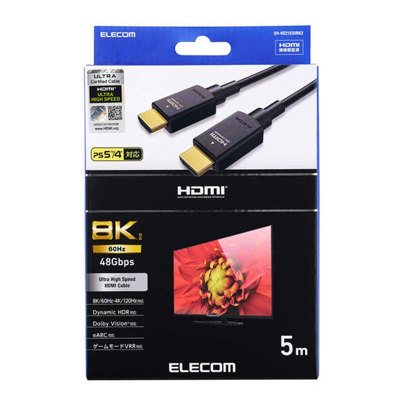 Elecom DH-HD21E50BK2 HDMI Cable Ver 2.1 8K UHDR 5M (Black)