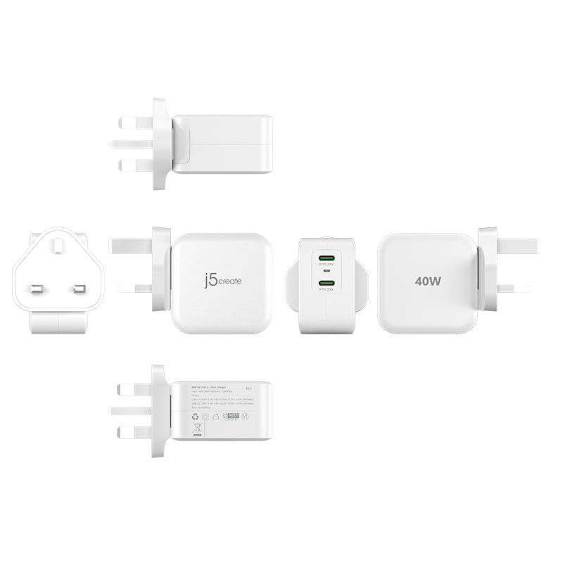 J5Create JUP2440F 40W PD USB-C 2-Port Mini Charger (White)
